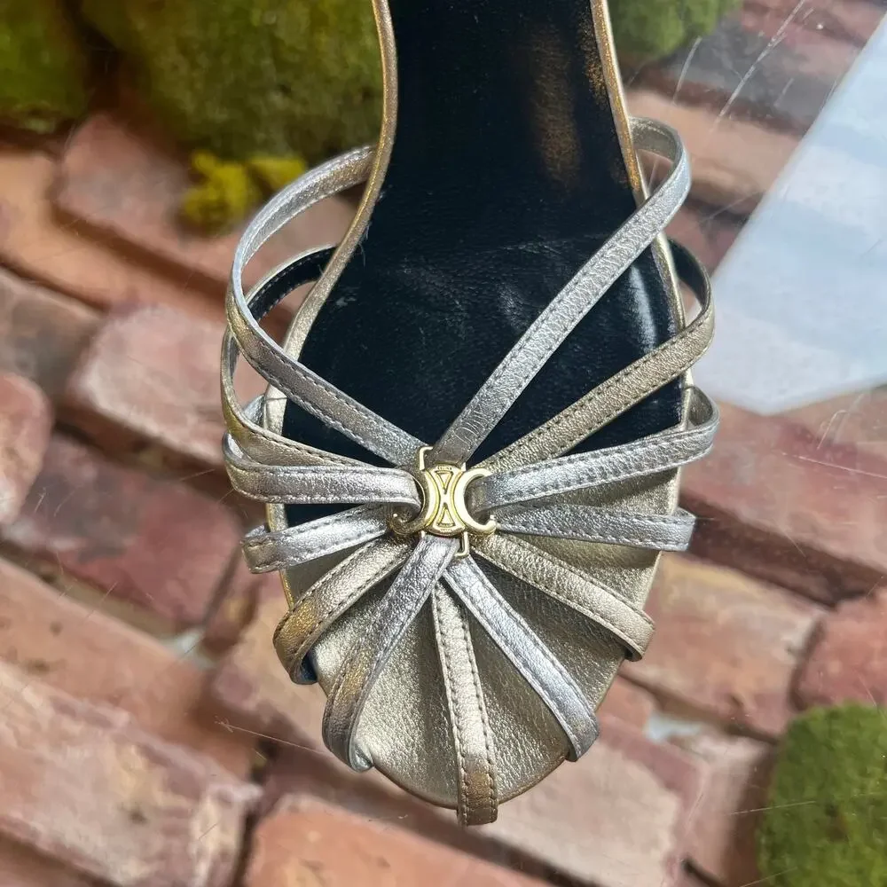 CELINE Metallic Gold/Silver Lambskin Triomphe Sandals SZ 36.5 (US 6.5) - Picture 7 of 11